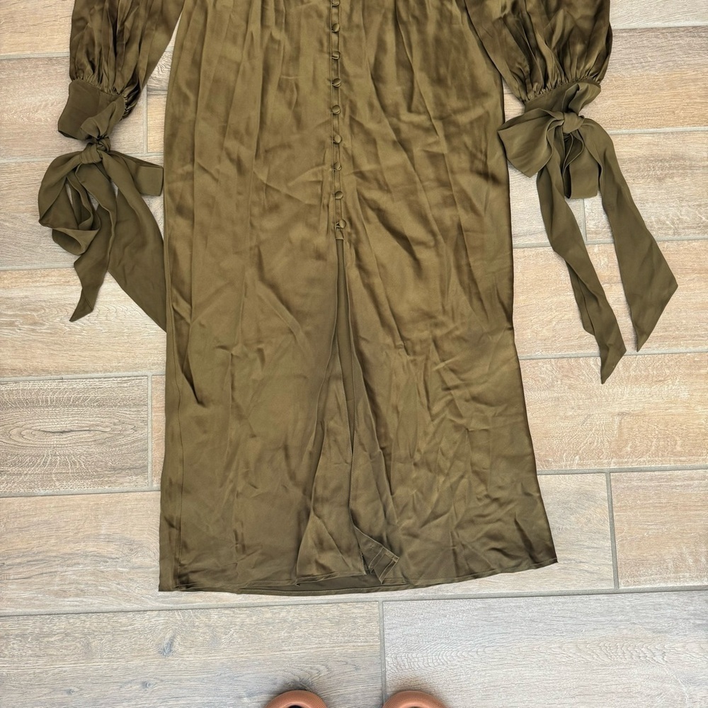 Olivia Von Halle Silk Midi Dress Button Down Tie Sleeve Olive Green Small - Picture 3 of 9